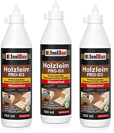 Isolbau Holzleim PRO-D3-3 x 750 ml (860 g) Extra starker Holzkleber für alle Holzarten, für Innen & Außen, Wasserfest, Lösemittelfrei