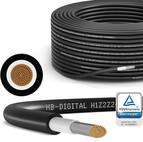 HB-DIGITAL 10m Solarkabel H1Z2Z2-K - TÜV Rheinland zertifiziertes - 6mm² flexibel UV witterungsbeständig PV Kabel reines Kupfer 1500V DC für Solarpanel Wechselrichter Photovoltaik - Schwarz