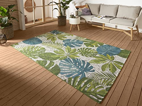 Hanse Home Tropical Leaves - Alfombra para interior y exterior, tejido plano, diseño de hojas de palmera, certificado Öko-Tex resistente a la intemperie y a los rayos UV, para balcón, terraza, jardín,