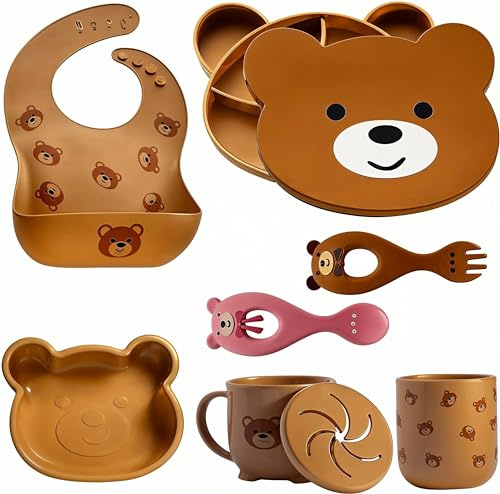 Babyhiro Silikon Baby-Essens-Set - 7-teiliges Set - Schüssel mit Saugnapf, Unterteilte Teller, Verstellbares Lätzchen, Snackbecher, Trinkbecher, Essbesteck für Babys ab 6 Monaten, BPA Free
