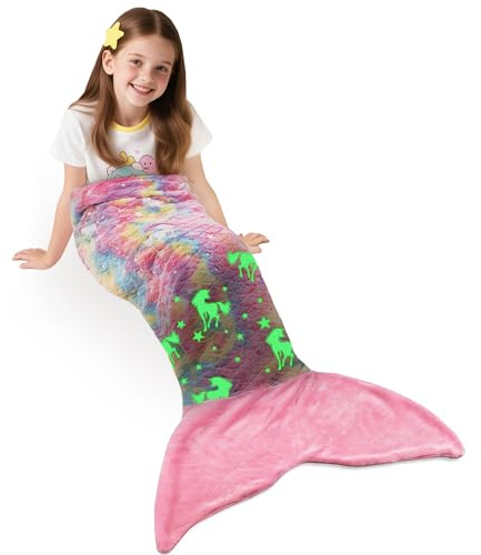 Catalonia Classy Glow in the Dark Mermaids tail blanket, soft warm plush fleece sleeping bag cuddly blanket, 155 x 50 cm fish scale pattern, Pink unicorn