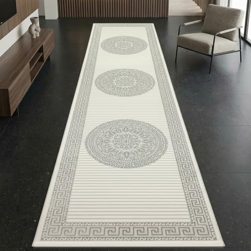 CARPETIA Teppich Orientmuster Creme Grau mit Glanzeffekt 80x300 cm | Pflegeleicht, strapazierfähig und schmutzabweisend, OEKO-TEX geprüft, für Fußbodenheizung, mit Glanzeffekt