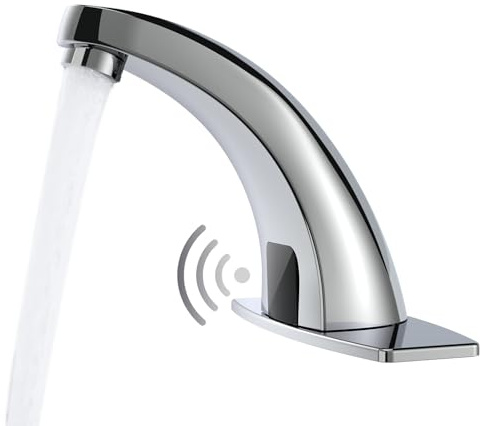 Touchless Bathroom Sink Faucet, Greenspring Automatic Faucets Bathroom Commercial Hands Free Motion Sensor Faucet Battery or Plug-in Powered with Control Box and Temperature Mixer, Chrome