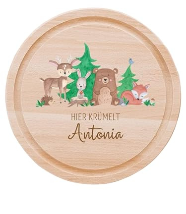 Wunderwunsch Frühstücksbrettchen, Kinder Holzbrett personalisiert rund | Brettchen hier krümelt, Scheidebrett, Holzbrettchen mit Namen, Geschenk Einschulung, Junge, Mädchen, Kind, Frühstücksbrett