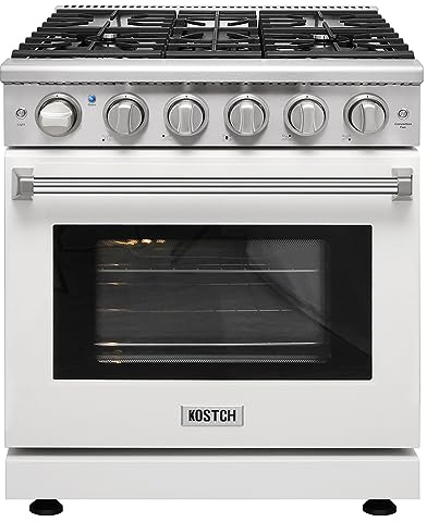 KOSTCH 30 inch Professional Freestanding Pro-Style Natural Gas Range or Liquid Propane Gas Range with 5 Burners, 4.55 cu.ft. Oven Capacity, in White- KOS-30RG03M (White-01)