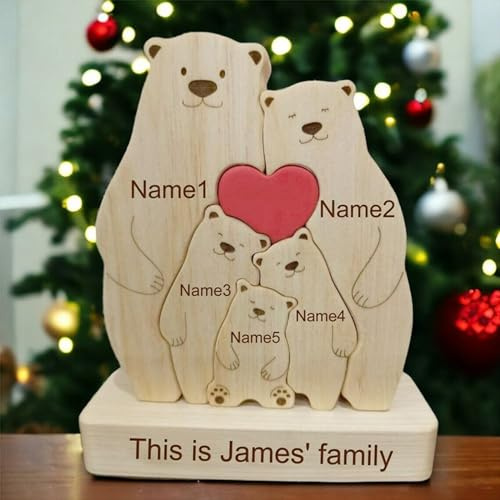 Drawelry Personalisierte Holzpuzzle Bär Familie Statue Dekoration, Tier Figur Holzholzhandwerk Puzzle mit 2-9 Namen Gravur Holz Sockel, Heim Büro Deko Muttertag Vatertag Geburtstag Geschenk (A)