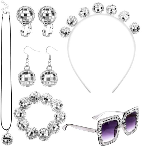 7 Stück Funkeln Ohrringe Set, Silber Disco Kugel Ohrringe mit Disco Kugelringe, Halskette, Stirnband, Armband und Brille, Party Zubehör für Mädchen und Frauen