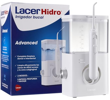 LACER Hidro Advanced Munddusche mit 4 Nachfüllungen, elektrische Bürste und Mundspülung, Tiefenreinigung, Zahnfleischmassage, reinigt Lingual- und Subgingivalbereich, 10 Druckstufen, Weiß