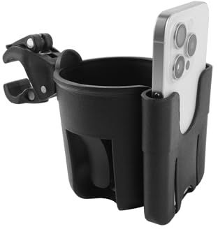 Filltown Stroller Cup Holder with Cell Phone Holder, 360° Adjustable Universal Drink Coffee Baby Bottle Cup Holder for Stroller, Pram, Bike, Wheelchair, Walker (Black)