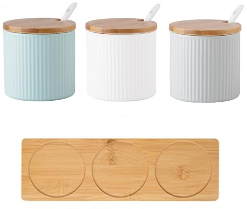 Jarsense Lot de 3 sucriers en céramique de 300 ml avec plateau de service, pots à épices colorés avec couvercle en bois et cuillère pour sel, sucre, café, thé, assaisonnement pour la maison, la