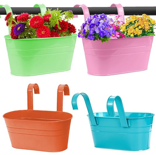 Ompinda 4 Pcs Large Oval Metal Hanging Planters, Fence Wall Flower Pots with Detachable Hooks, Multicolor, Farmhouse Style, Indoor/Outdoor