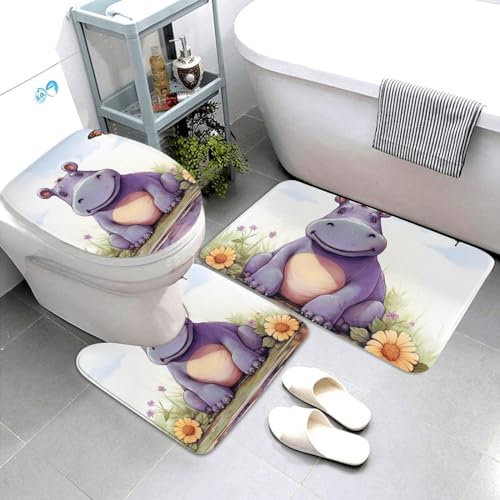 3-Teiliges Badteppich-Set Schmetterlings- Und Nilpferd-Druck Anti-Rutsch U-Förmigen Contour Matte Wasserabsorbierend Wc-Deckelbezug Dekorative Badezimmer Teppiche Set 3 Stück