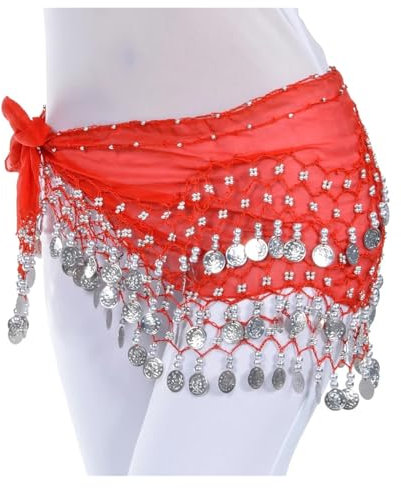 HWJFDC Bauchtanz Hüfttuch Bauchtanz-Taillenkette, 128 Münzen, Chiffonstoff, dreilagige Münzen, Tanz-Performance-Zubehör, Bauchtanz-Hüfttuch(2pcs Red Silver)