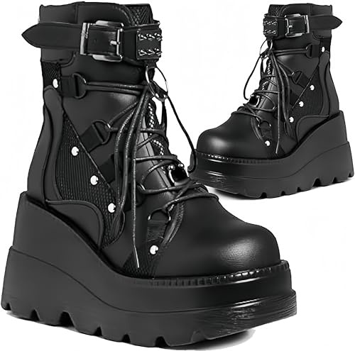 MACVISE Womens Goth Platform Boots Chunky High Heel Booties Round Toe Combat Ankle Boots Womens Lace Up Motorcycle Wedges Shoes 01Black 41