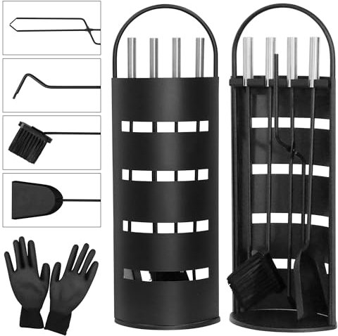 Melko Kaminbesteck 6-tlg. Kaminzubehör mit praktischer Kaminaufbewahrung für Küche Haushalt Kamingarnitur mit Ständer Schwarz Kaminwerkzeuge Kaminreinigungs Set
