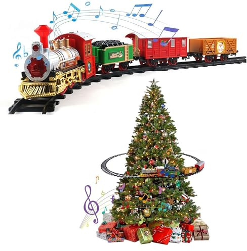 Rail Toys Tren eléctrico, juego de tren de árbol de Navidad alrededor del árbol de Navidad, tren de Navidad colgante, juguete eléctrico de Papá Noel y carruajes de tren para niños, regalo de
