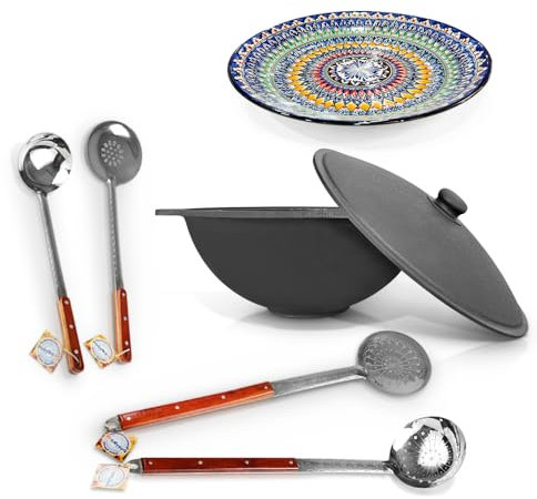 ZARENHOFF Kazan 637 - Juego de cañón de hierro fundido uzbeko (22 L, base plana, tapa, 2 espumaderas de 64 cm, cucharón de 48 cm, espumadera de 48 cm, diámetro de 42 cm, cañón de gulash Kazán para