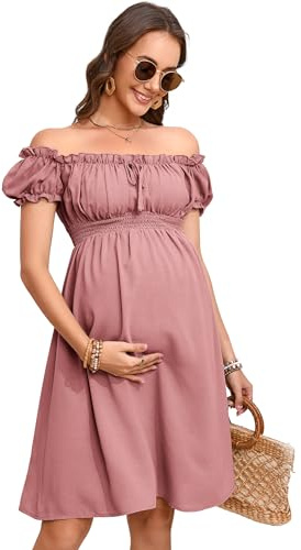 KOJOOIN Umstandskleid Damen Kurzarm Schwangerschafts Kleid Sommer Schwangerschaftskleid Off Schulter Rosa M