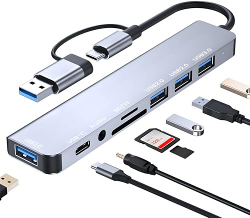 Oblinple 8 in 2 USB C adapter, USB 3.0 Multiport Expansion Splitter with SD TF Card Reader, USB 2.0 Type C Ports, 3.5 mm Audio Ports, Multi Port Splitter Adapter for MacBook Air Pro Galaxy iPad etc