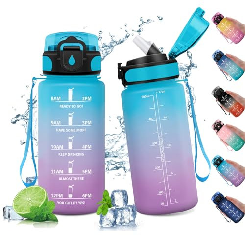 KollyKolla Cantimplora Deportiva 500ml, Botella Agua con Pajita, Motivacional Gimnasio con Marcador Tiempo, para Niño, Sport, Cámping, Gym, Running, Yoga