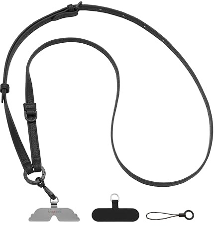 GOODAYY Phone Lanyard Crossbody, Leather Mobile Phone Strap Adjustable Length with Durable Metal and Nylon Patch, Handbag Chain Style Universal Phone Accessories (Dark Metal, Black)