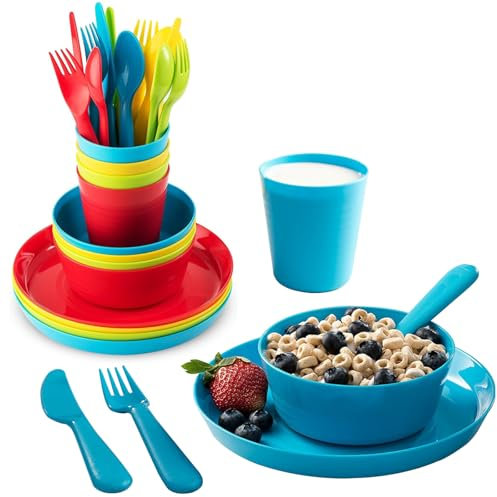 WAIZHIUA Set di stoviglie per bambini da 24 pezzi, riutilizzabili, in plastica senza BPA, set di piatti e ciotole per bambini, 4 colori vivaci, adatto al microonde, portatile, set da picnic per feste