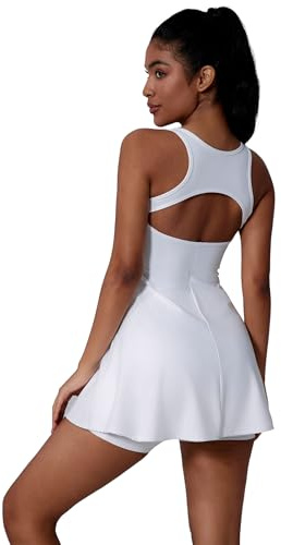 IDOPIP Tenniskleid Damen mit Hose und Tasche: Rückenfrei kurz Sommerkleid mit integriertem BH und Shorts - Schnelltrocknend Sportkleid für Tennis, Golf und Yoga weiß S