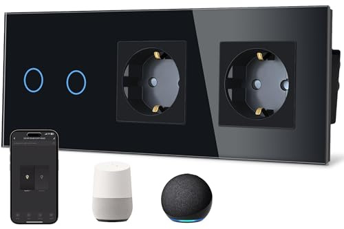 TAWOIA Smart Wlan Touch Lichtschalter(Neutralleiter erforderlich) mit Dual Normaler Steckdose Glasscheibe,Alexa Sprachsteuerung,Work mit Smart Life und Tuya APP, 2Fach 1Weg Schwarz