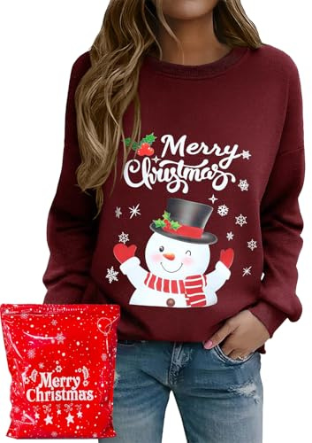 Lonya Sudadera Navideña Mujer Jersey Feo Ugly Christmas con Árbol de Navidad Manga Larga Cuello Redondo Informal y Divertida Camisetas para Fiestas Muñeco de Nieve-Borgoña,XL