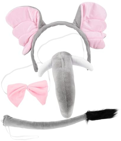 WRITWAA Elephant Ear Headband Set Bow Tie Skirt Tail for Cosplay Performance Costume Unique Elephant Tail Prop for Halloween Festival Party