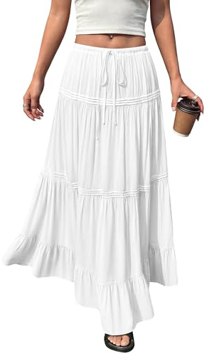 BTFBM Spring Skirts for Women 2026 Summer Boho Beach Vacation Clothes Casual Pleated High Waisted Flowy Maxi Skirt(White, Medium)