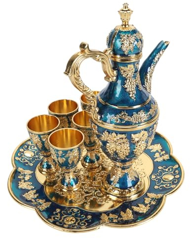 Tnfeeon Turkish Tea Set Traditional Turkish Tea Experience Vintage Metal Pot Set with 6 Cups Crafted from Resilient Zinc Alloy Serving with Wine Pot Cups Tray (Golden Blue)