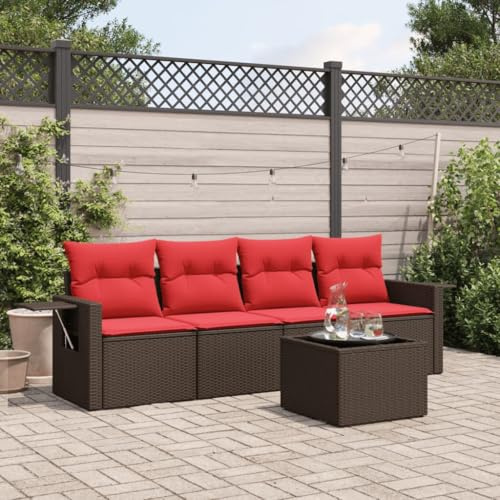 Bucmath 5-teiliges Gartensofa-Set, Braun Polyrattan, Modulares Outdoor Möbel mit Kissen, Gartentisch Glasplatte, Klappbare Beistelltische, UV-beständig, für Terrasse Balkon