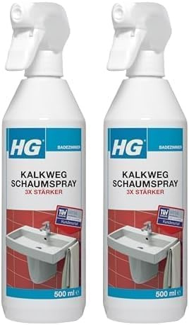 HG Kalkweg Schaumspray 3x stärker 2er Pack – Extra starker Kalkreiniger gegen Kalk & Seifenreste, für Dusche & Armaturen