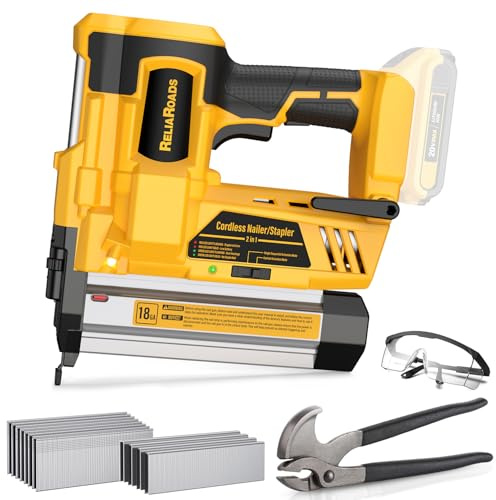 ReliaRoads 2 Cordless Brad Nailer, 2-in-1 18GA Nail Gun Battery Powered Compatible with DeWalt 20V MAX Battery, Electric Nailer Stapler with Nails Puller, Toolbag, 1600 Staples and Nails(No Battery)