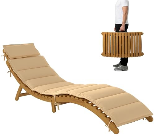 Outsunny Sonnenliege, klappbare Gartenliege aus Akazienholz, Wetterfest Liegestuhl mit Polsterung Kopfstütze Tragegriff Relaxliege für Balkon, Terrasse, bis 120 kg belastbar, Beige, 183 x 54 x 63 cm