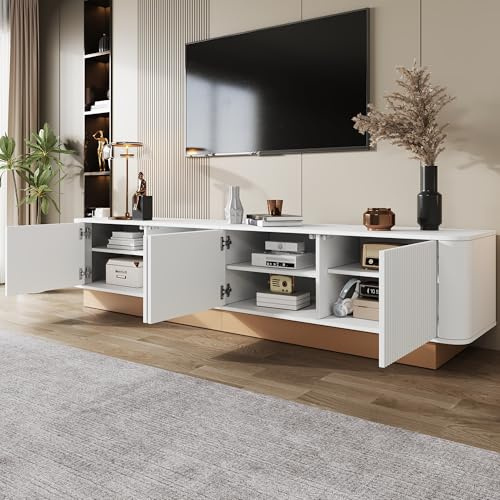 ECLIVON TV-Schrank Fernsehschrank mit Texturfront, Fernsehtisch 200 cm lang für Fernseher von 70 bis 85 Zoll, Wohnzimmerschrank Lowboard TV Board mit 4 Türen, Sideboard für Wohnzimmer (Weiß)