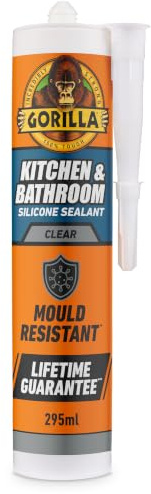 Gorilla Kitchen & Bathroom Clear Silicone Sealant, 295ml – Mould Resistant, 100% Waterproof Sealant, Shower Ready in 30 Minutes, Shrink & Crack Proof | Use on Showers, Baths, Sinks, Toilets & More