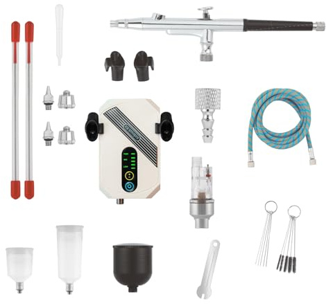 LIHUACHEN Airbrush Compressor Kit 25-30 PSI with 0.2mm and 0.5mm Nozzles, Braided Hose, Oil-Water Separator, and Cleaning Tools Spray Gun Model Paint Tattoo Nail DIY