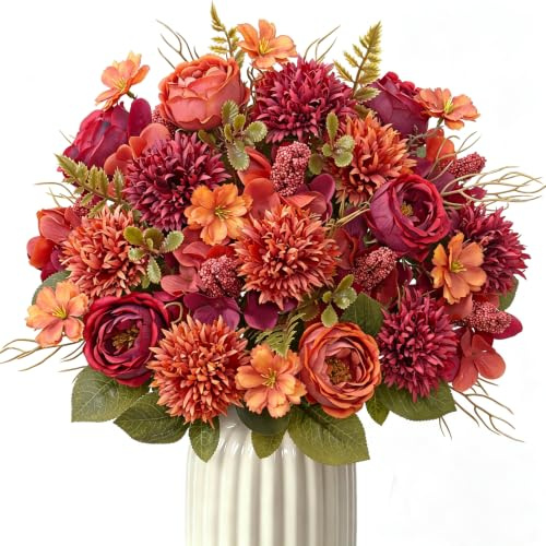 DEMIUKO Ramo de flores artificiales de color burdeos de 32 cm, peonía falsa, rosa, hortensia, crisantemo, flores sintéticas, decoración del hogar, arco de boda, Acción de Gracias, decoración de