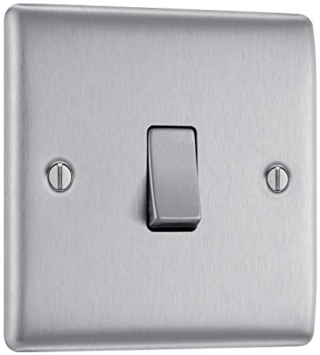 BG Electrical Single Intermediate Wall Light Switch, Raised and Slim Profile, Round Edges, Nexus Metal, Brushed Steel, 20A, 16AX, NBS13