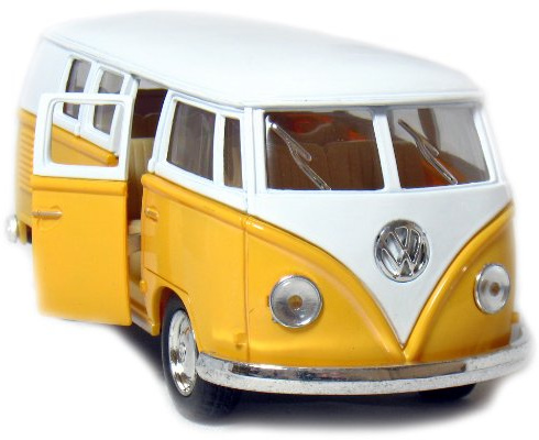 5 Die-cast 1962 VW Classic Bus 1/32 skala (gul), dra tillbaka n go action. av 5 Die-cast fordon