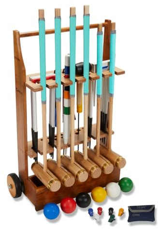 Uber Games 6 Pers. Executive Krocket Set- Wettkampset, 16mm Dicke Stahltore | Aus ECO-hartholz mit Kunststoffbällen und Rollwagen, Trolley