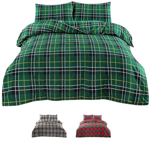 Rohi Luxury Tartan Check Thermal Brushed Cotton King Size Duvet Cover Set with Pillowcases - 1x King Size Bed Duvet Cover 220cm x 230cm & 2x Tartan Checked Pillowcases 50cm x 75cm (Green)