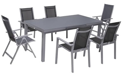OUTFLEXX Premium Garten-Essgruppe, Silber/grau, Alu/Textilene, Ausziehtisch 180/240 x 100 cm, 4 Stapel-, 2 Klappstühle