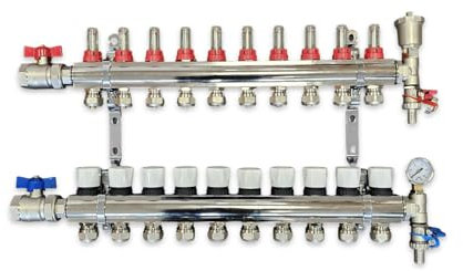 Wärmer System 10 Port Underfloor Heating Complete Manifold with Pipe Connections, Ball Valves, Automatic Air Vent and Pressure Gauge End Unit (15mm eurocones)