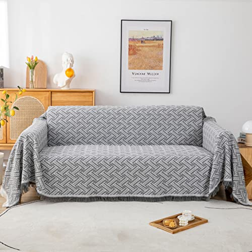 LHGOGO Sofa Überwurf aus Baumwolle | Waffle Jacquard Webart | Sofaüberwurf Decke als Couchbezug mit Fransen | Für Ecksofa, 2-Sitzer & als kuschelige Wohndecke, 180x230cm Hellgrau