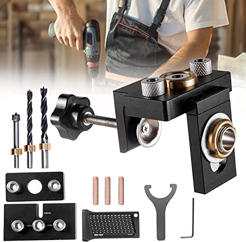 Aomdom Bohrschablone 8/10/15mm,3 in 1 Doweling Jig Kit Pocket Hole Jig Set,Taschenloch Bohrschablone mit Positionierungsclip Einstellbare Bohrführung Puncher Locator, Tischlerwerkzeuge DIY