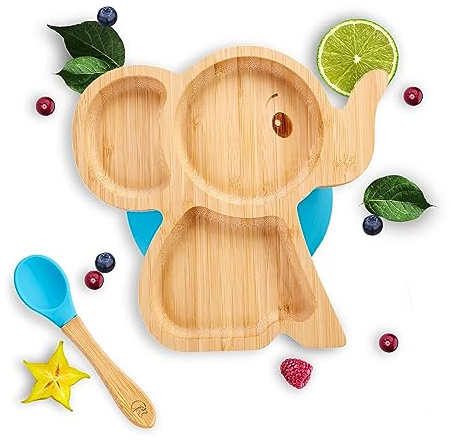 Kleiner Fuchs Piatto di bambù di alta qualità con ventosa, antiscivolo con cucchiaio coordinato per bambini rende i pasti divertenti, set di stoviglie con confezione regalo – apprendimento del cibo