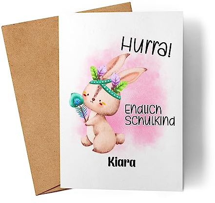 Kiddle-Design Hurra Endlich Schulkind Einschulungskarte Personalisiertes Karte zum Schulanfang Mädchen Einschulungsgeschenk Erster Schultag Elefant